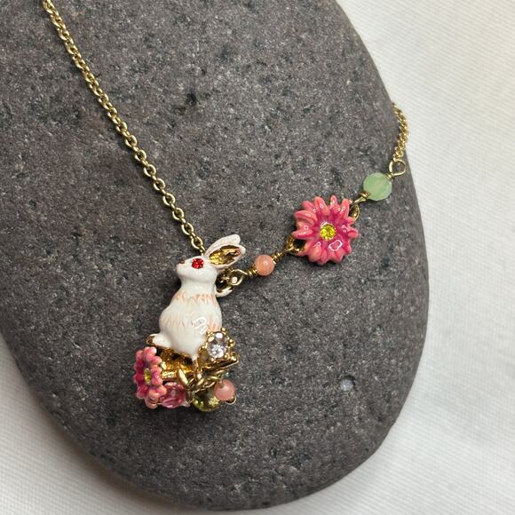 Les Nereides Enchanted Encounter Bunny on Pink Flower Pendant Necklace NWT - Picture 8 of 14